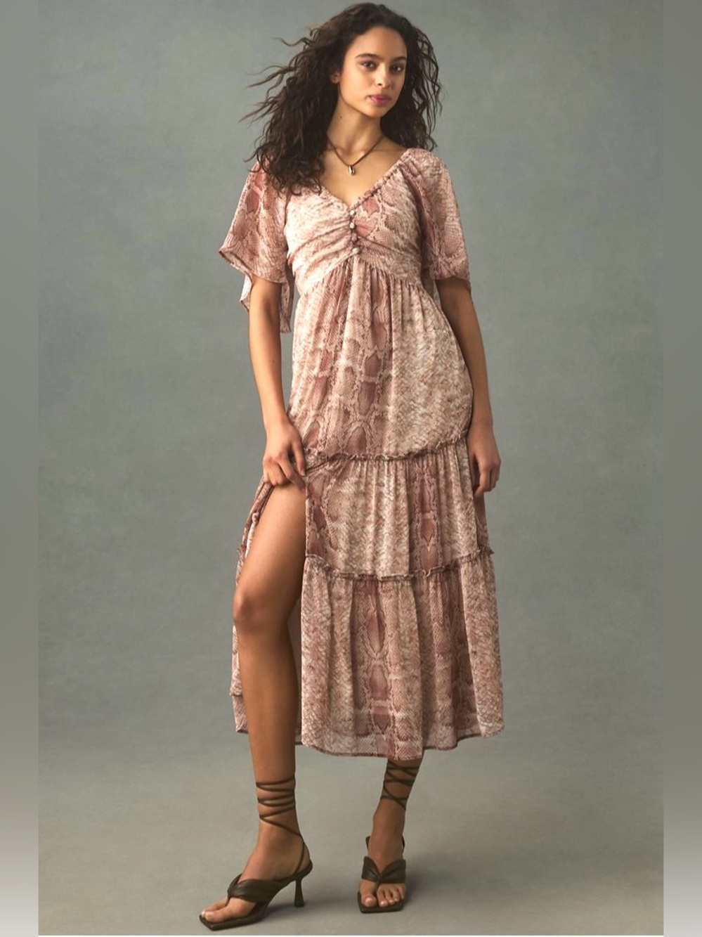 Anthropologie Dusty Blush Snake-Print Tiered Midi Dress
